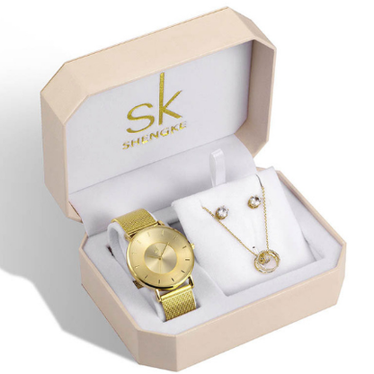SHENGKE SK Luxury Jewelry Watches Set Bracelets & Bangles Watch Earring Necklace Jewelry Sets Box Dress Watches Sets 95001