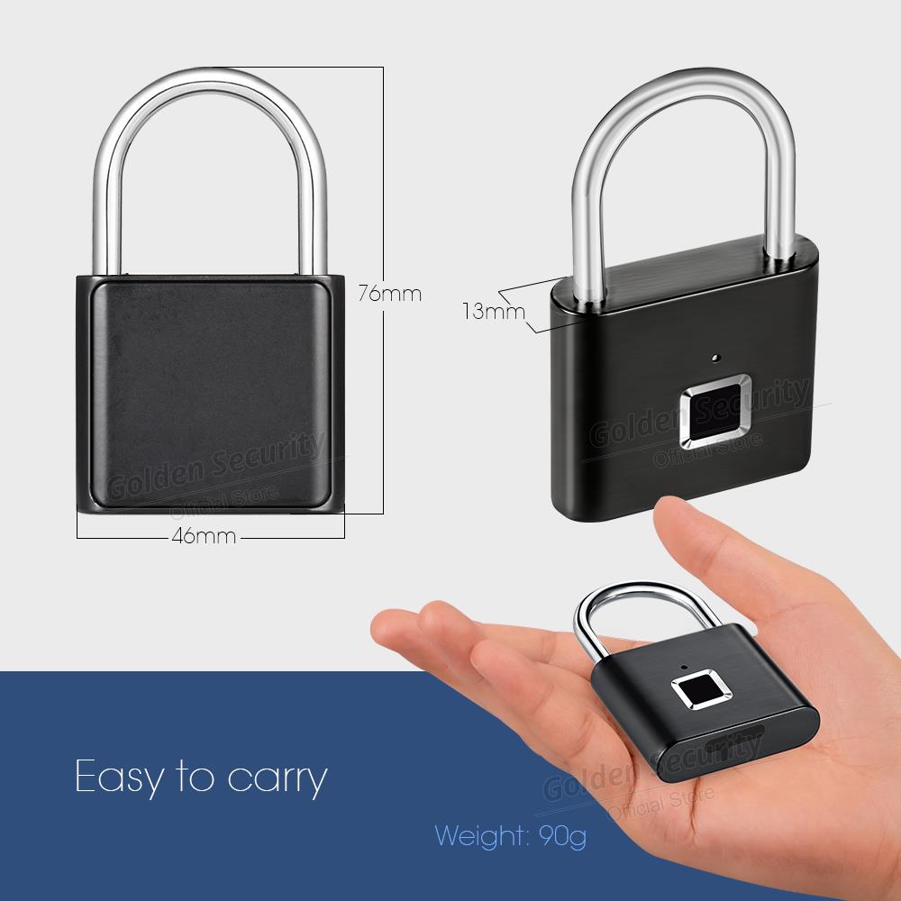 Golden Security Keyless USB Rechargeable Door Lock Fingerprint Smart Padlock Quick Unlock Zinc alloy Metal Self Developing Chip