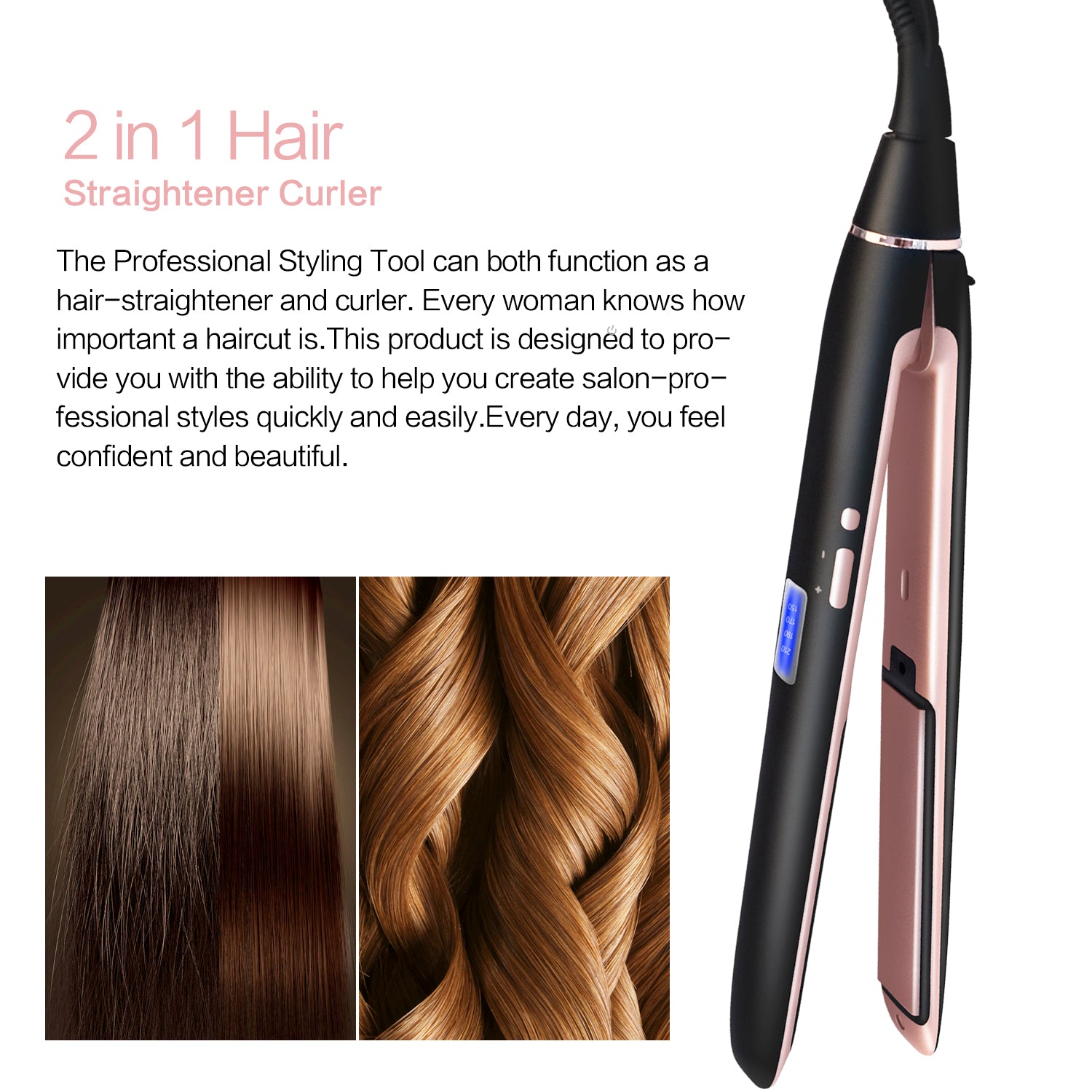 Professional Hair Straightener 2in1 Flat Iron Curling Straight Hair Fast Ceramic Heating